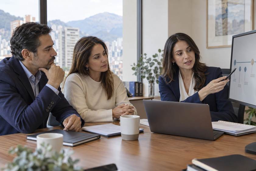 Abogada de Familia explica una línea de tiempo jurídica a clientes en Bogotá